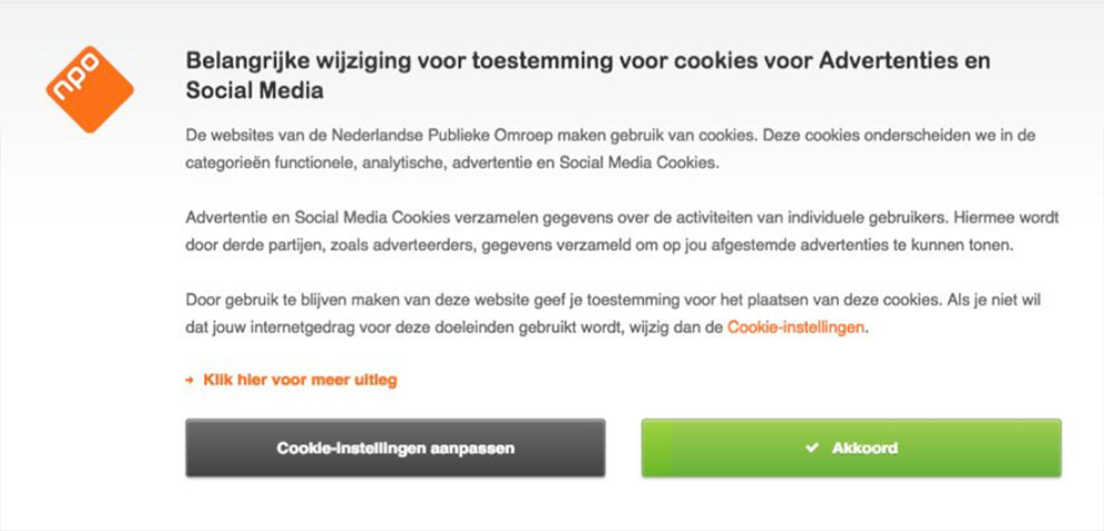 NPO cookie notificatie